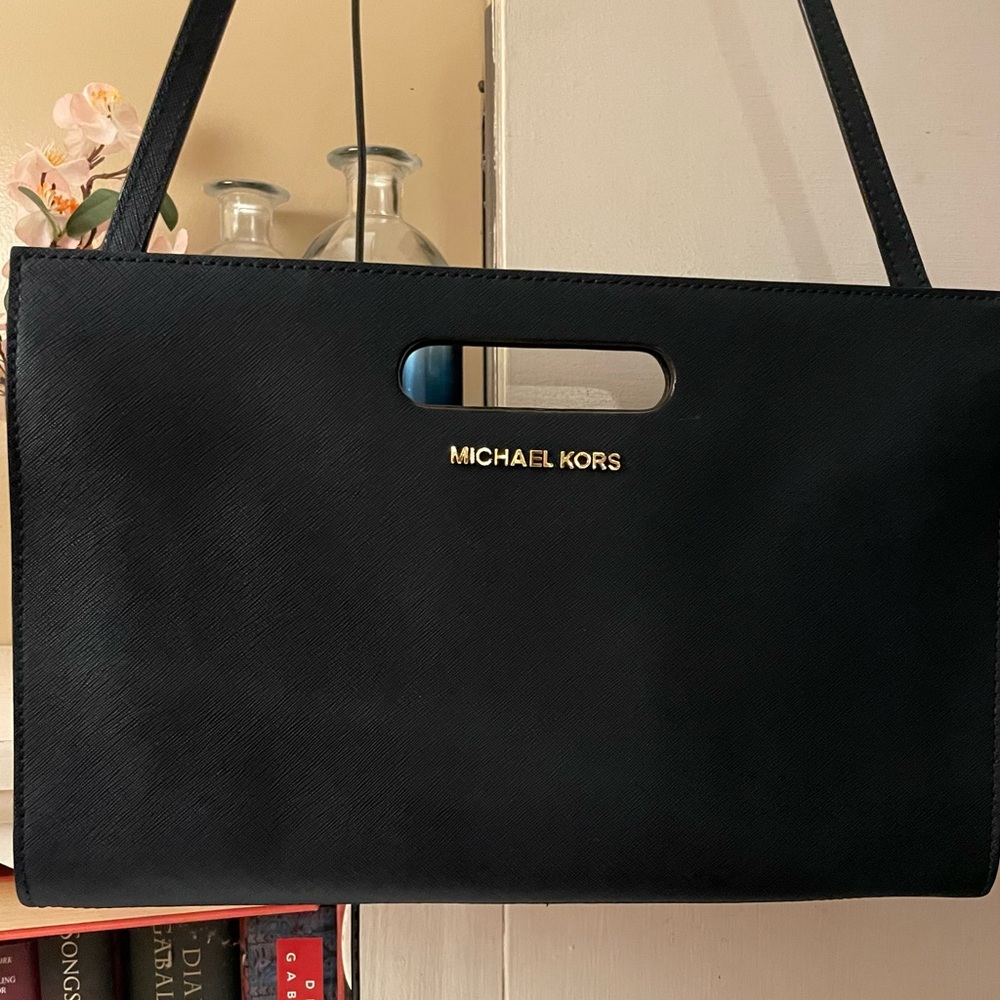Michael Kors Navy Blue Saffiano Leather Clutch with Detachable Shoulder Strap